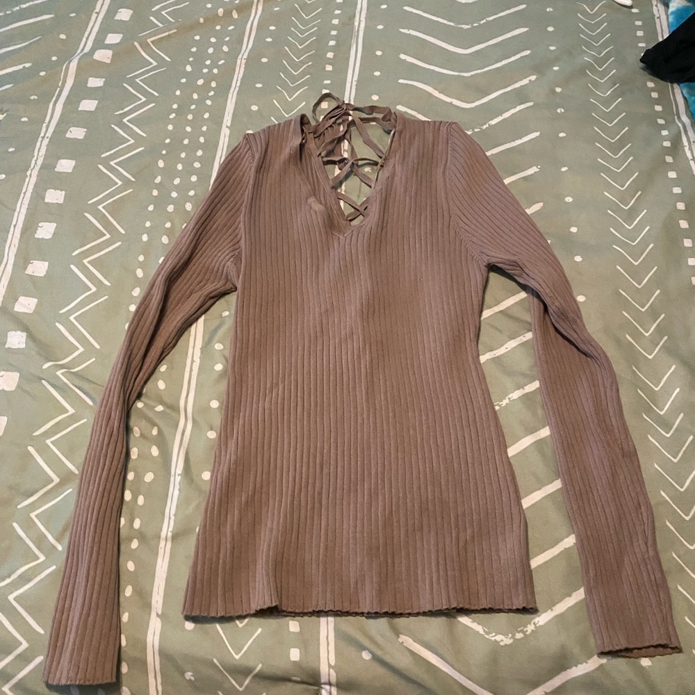 5 FOR 20 BUNDLE FOR OFFER Love Tree Ribbed Lace-Up Blouse - Taupe